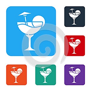 White Cocktail and alcohol drink with umbrella icon isolated on white background. Set icons in color square buttons