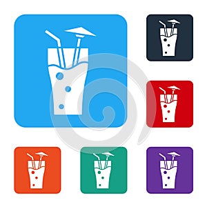 White Cocktail and alcohol drink with umbrella icon isolated on white background. Set icons in color square buttons