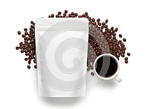 White coffee bag and cup with beans