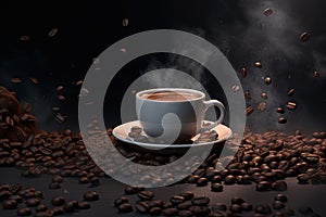 White coffee cup with coffee beans flying, soft gradient light and defocused dark background