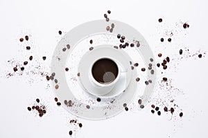 White coffee cup , coffee beans on white background. Top view