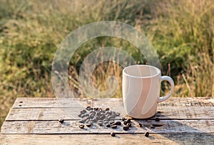 White Coffee cup and coffee beans on wooden table at morning sun