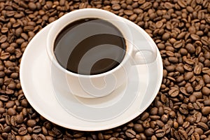 White coffee cup filled with coffee beans