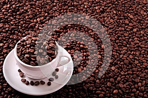 White coffee cup filled with roasted beans