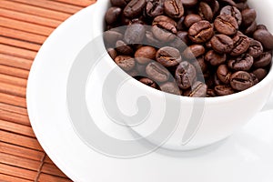 White coffee cup full of beans