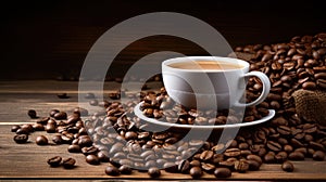 A white coffee cup full of coffee beans spilling out on a wood background