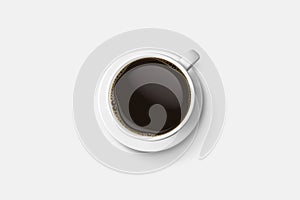 white coffee cup and hot espresso coffee isolate on white background, top view with copy space