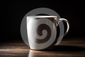 White coffee cup mockup on a table against a black background. 3d illustration Ai generative