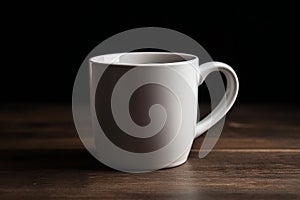 White coffee cup mockup on a table against a black background. 3d illustration Ai generative