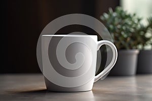 White coffee cup mockup on a table against a black background. 3d illustration Ai generative