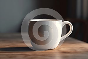 White coffee cup mockup on a table against a black background. 3d illustration Ai generative