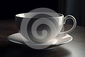 White coffee cup mockup on a table against a black background. 3d illustration Ai generative