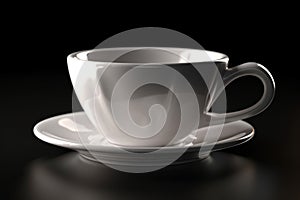 White coffee cup mockup on a table against a black background. 3d illustration Ai generative