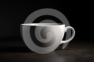 White coffee cup mockup on a table against a black background. 3d illustration Ai generative