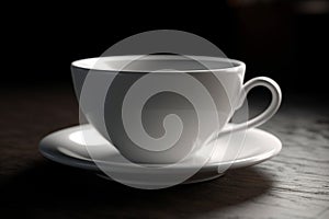 White coffee cup mockup on a table against a black background. 3d illustration Ai generative