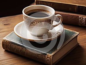 White coffee cup placed on a stack of old books