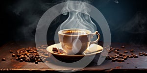 White coffee cup with roasted beans on wooden table