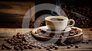 White coffee cup with roasted beans on wooden table