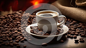 White coffee cup with roasted beans on wooden table