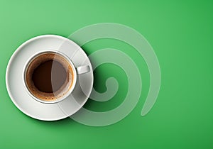 White coffee cup and saucer on a green background. Minimalist concept. Viewed from above. AI generated