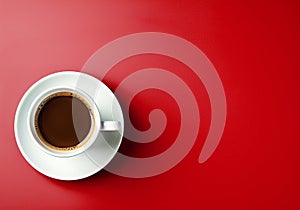 White coffee cup and saucer on a red background. Minimalist concept. Viewed from above. AI generated