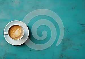 White coffee cup and saucer on a turquoise background. Minimalist concept. Viewed from above. AI generated