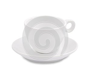 White coffee cup and saucer on white background