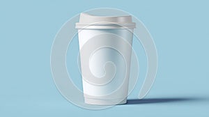 Minimalist white coffee cup on blue background. AI generated