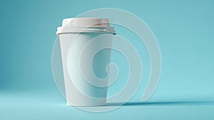 Minimalist white coffee cup on blue background. AI generated