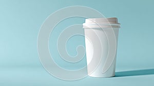 Minimalist white coffee cup on blue background. AI generated