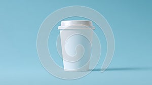 Minimalist white coffee cup on blue background. AI generated