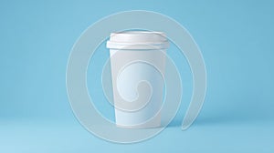 Minimalist white coffee cup on blue background. AI generated
