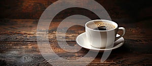 A white coffee cup sits on a wooden table by AI generated image