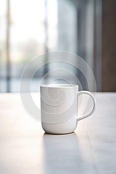 A white coffee cup sitting on a table in front of an office building, AI