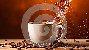 White coffee cup with splashes, beans, and copy space on beige background for text placement