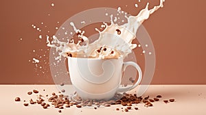 white coffee cup with splashes, coffee beans, and copy space on beige gradient background