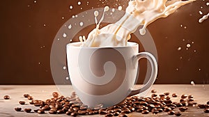white coffee cup with splashes and flying coffee beans on beige gradient background