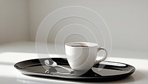 White Coffee Cup and Spoon on Black Tray.
