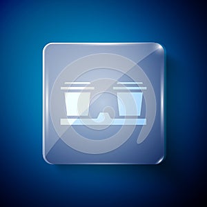 White Coffee cup to go icon isolated on blue background. Square glass panels. Vector Illustration.