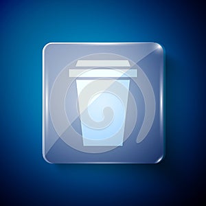 White Coffee cup to go icon isolated on blue background. Square glass panels. Vector Illustration