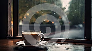 Rainy Window: A Photorealistic Coffee Cup On A Window Sill photo