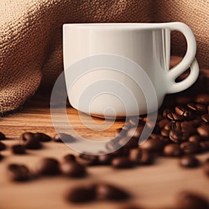 White coffee mug with fancy handle, coffee beans low angle blur