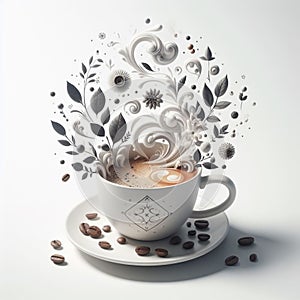 White coffee mug, isolated, white background, wih smoke