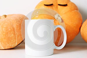 White coffee mug and many pumprins fall mockup.