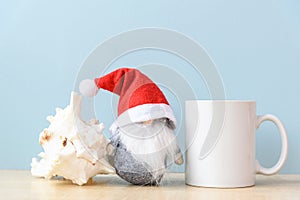 White coffee mug mockup with gnome of Christmas in July