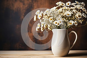 White coffee mug mockup with white field chamomile bouquet in handmade rustic vase Empty mug mock up