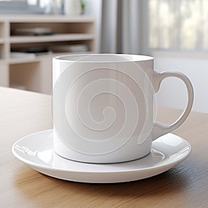 white coffee mug placed on a matching saucer mockup AI generated