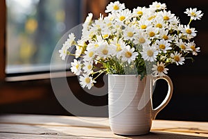 White coffee mug, rustic vase, chamomile bouquet mockup