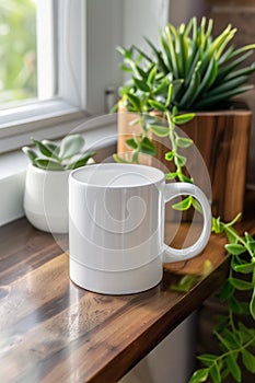 A white coffee mug sits on a wooden table next to a potted plant