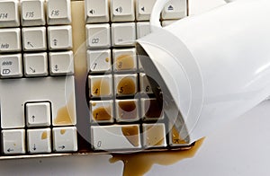 Coffee spilling over computer keyboard